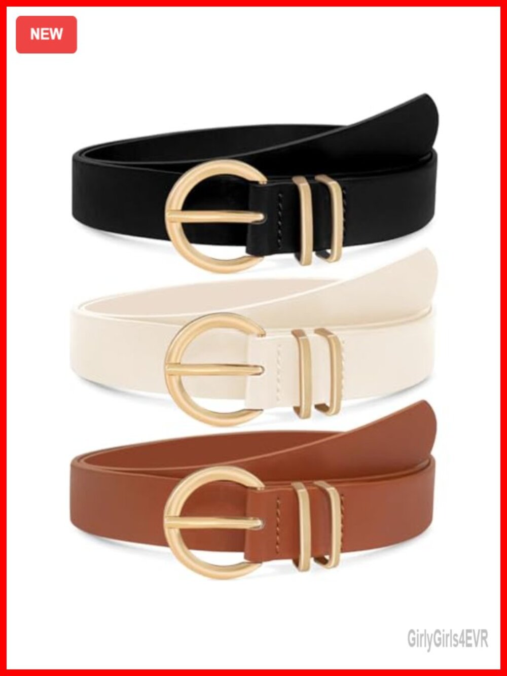 3 Pack Women's PU Leather Belts with Gold Buckle – Casual Belt Set